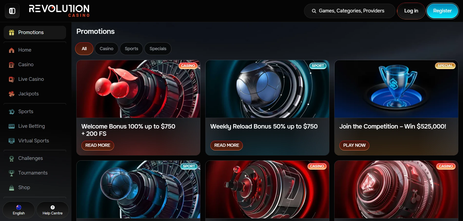 Revolution Casino promotions page showing the Welcome Bonus, Weekly Reload Bonus and the $525,000 competition tiles