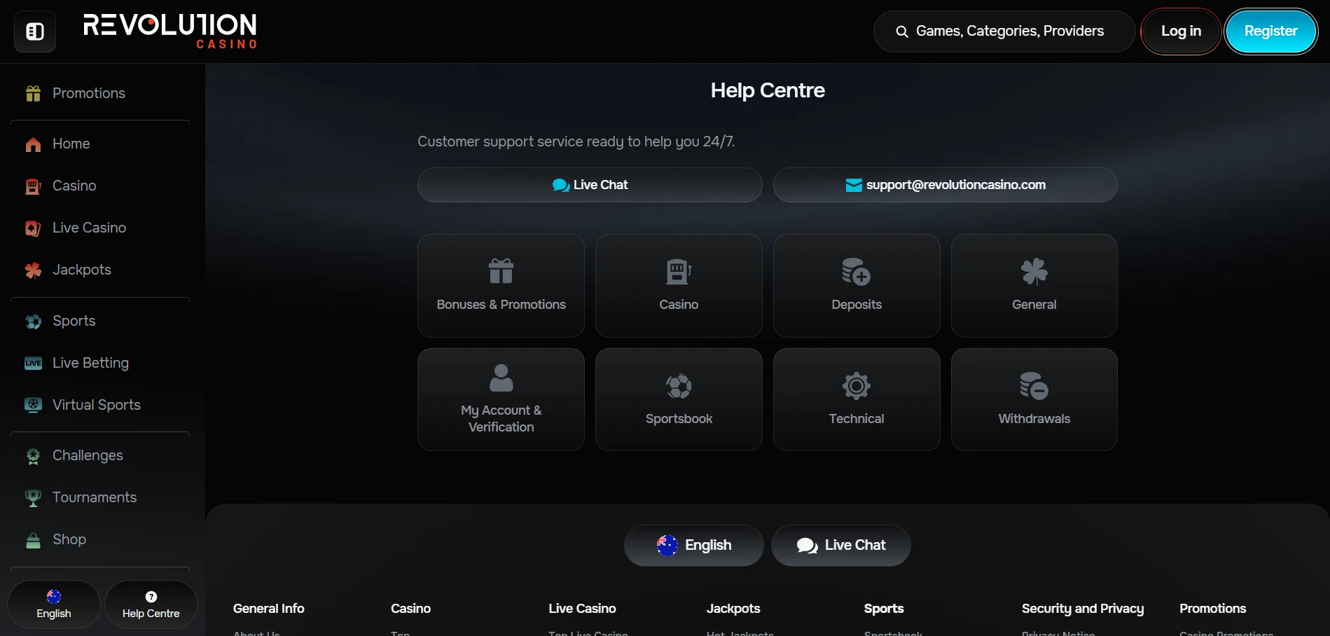 Revolution Casino Help Centre with Live Chat, support e-mail and eight topic tiles