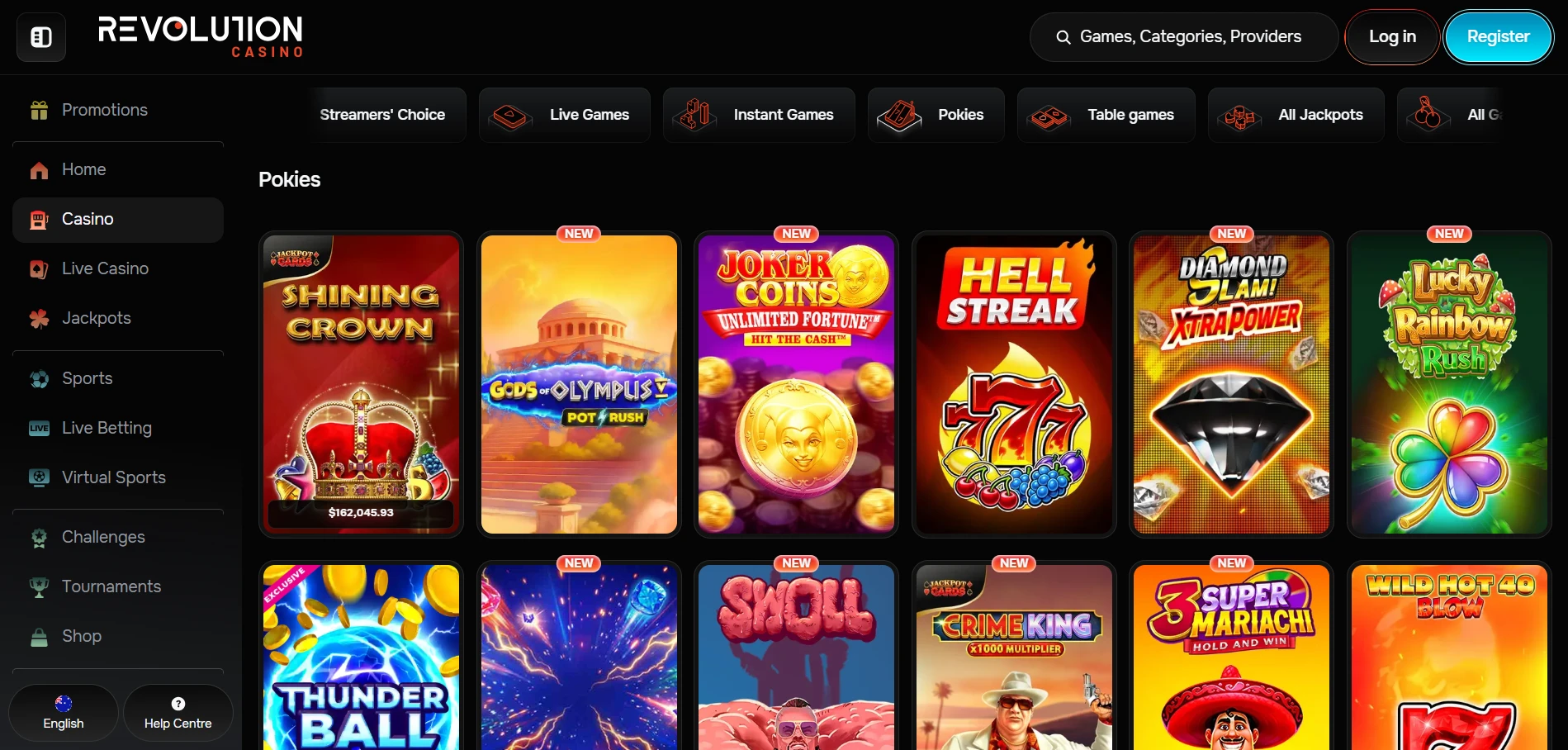Revolution Casino Pokies lobby with cover art for Shining Crown, Gods of Olympus, Joker Coins and Hell Streak