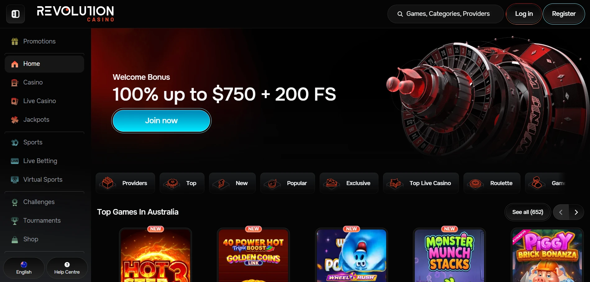Revolution Casino home page with the 100% up to $750 + 200 FS welcome banner and the Australia top games row