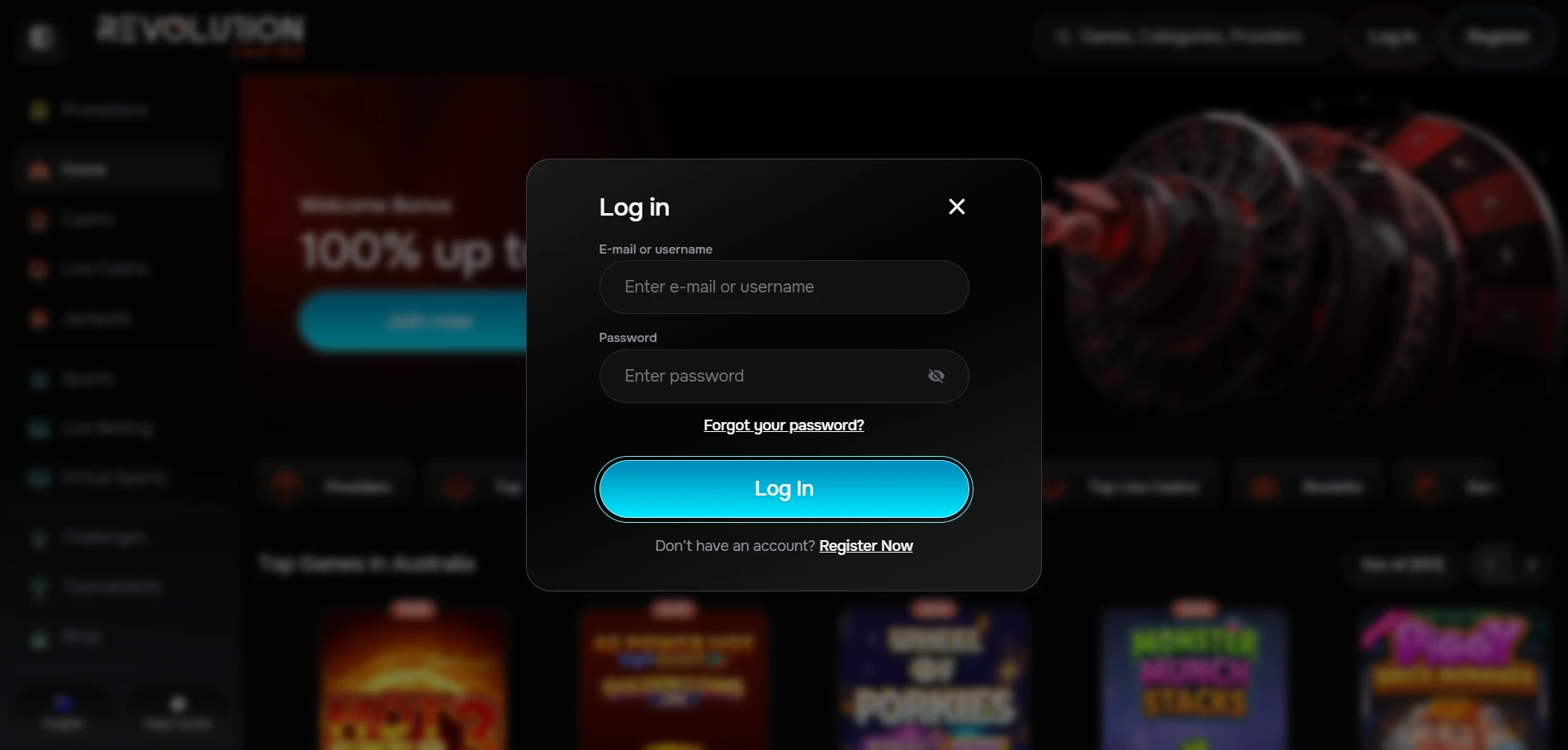 Revolution Casino login form with e-mail or username, password, Forgot your password and Log In button