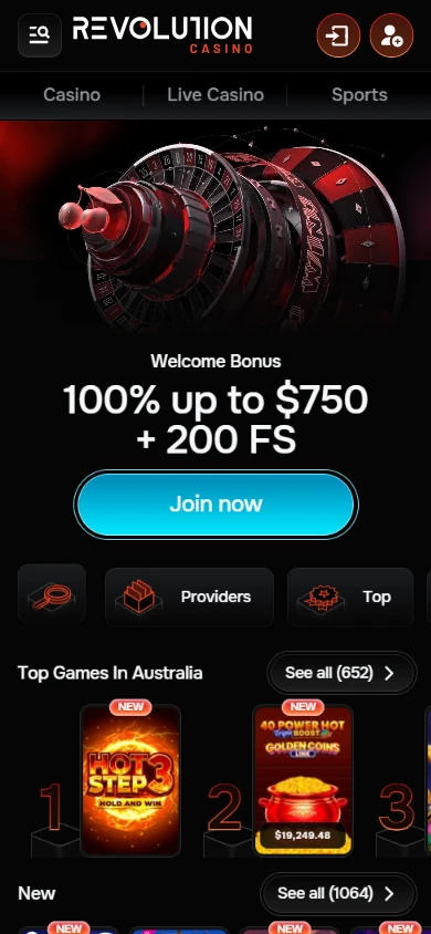 Revolution Casino mobile view with the welcome banner, Join now button and Top Games In Australia carousel