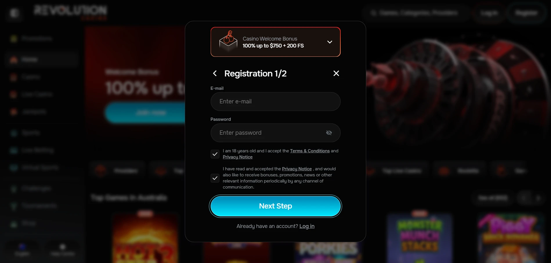 Registration form with e-mail, password and consent boxes